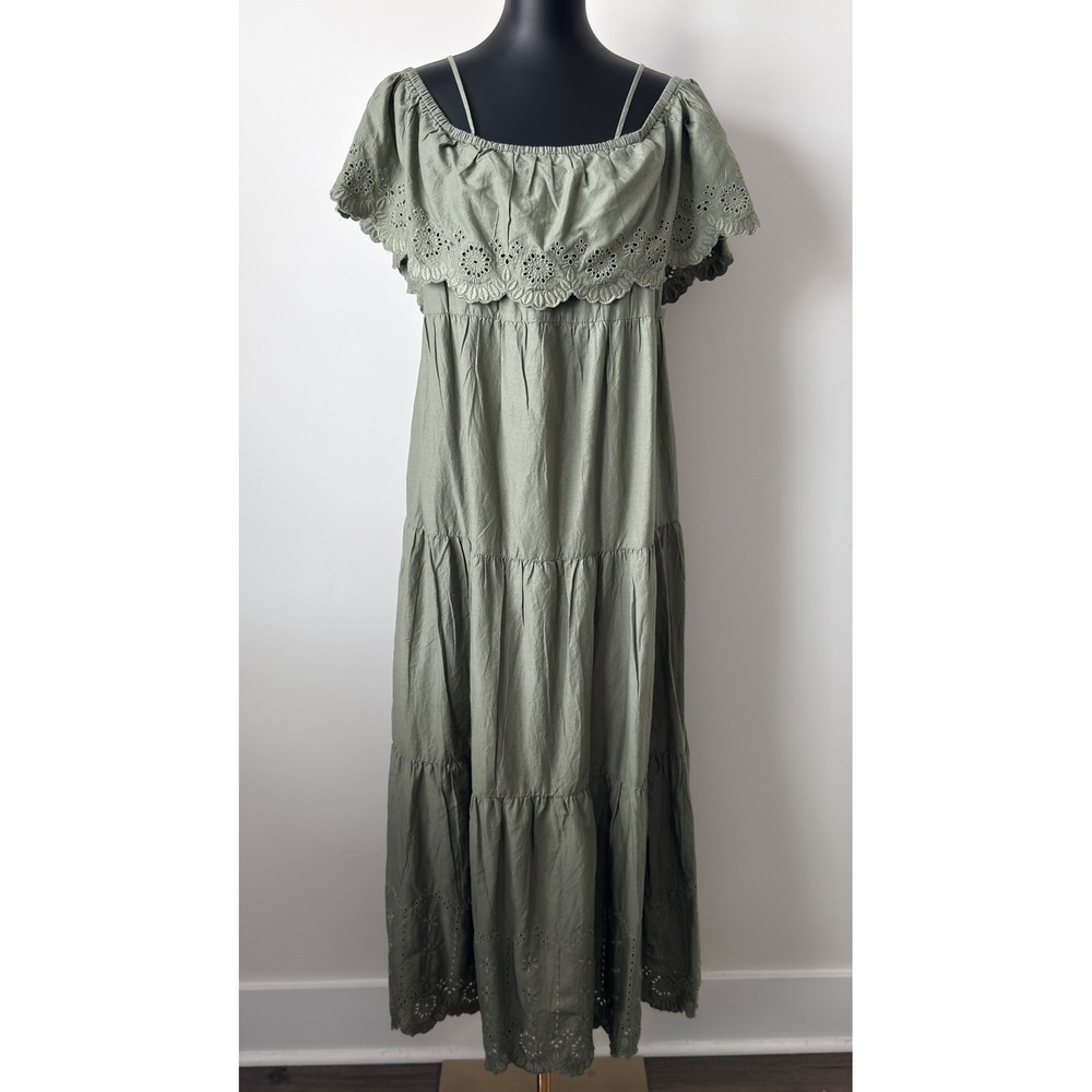 Old Navy Womens Olive Green Eyelet Tiered Maxi Dress Off Shoulder Boho L 426120